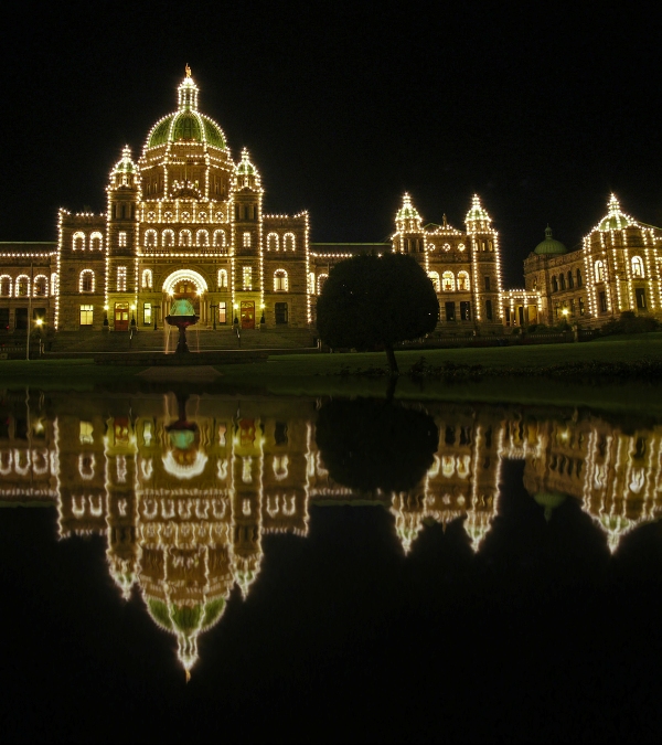 legislative building lit up reflected