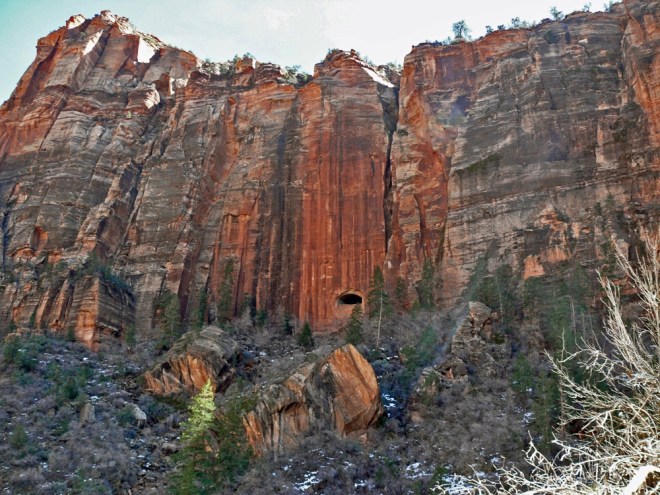 Window in the blasted tunnel above the valley floor