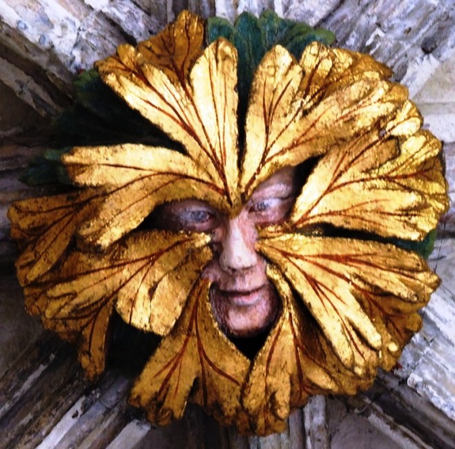"The Green Man" 14th century boss in the east walk of the cloister.
