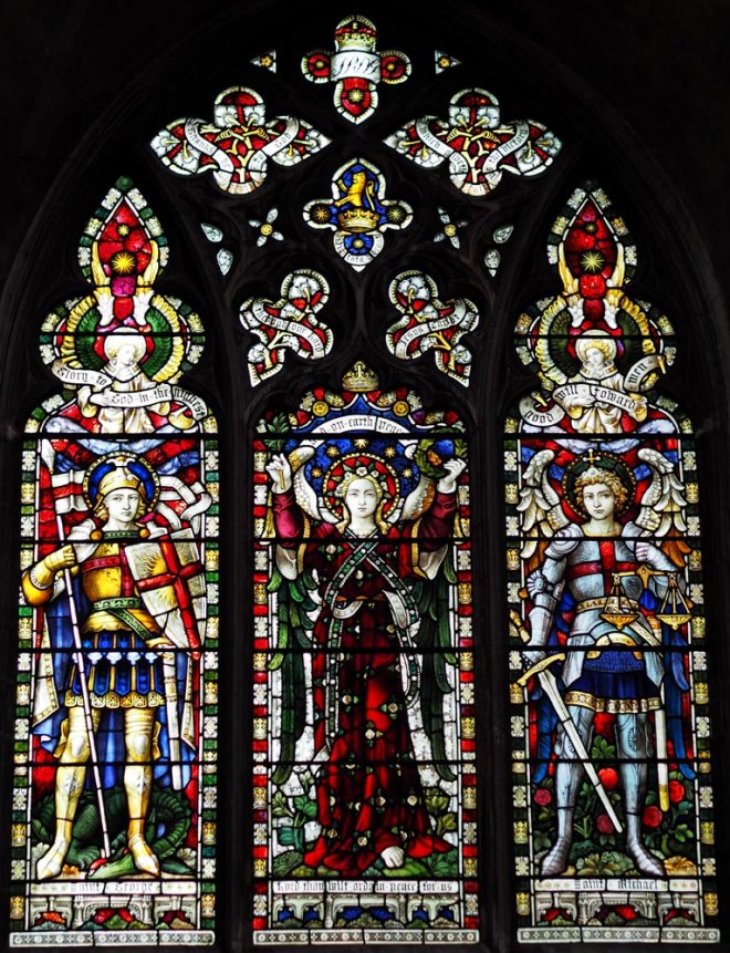 A c1902 memorial window dedicated to the 7th (Princess Royal's) Dragoon Guards who fell in the South African War.